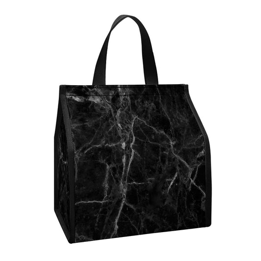 Black Grey Dark Marble Print Insulated Lunch Tote