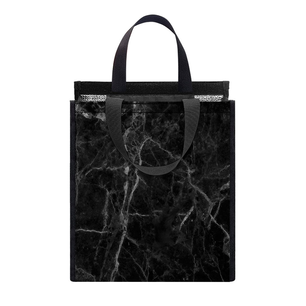 Black Grey Dark Marble Print Insulated Lunch Tote