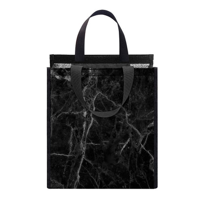 Black Grey Dark Marble Print Insulated Lunch Tote