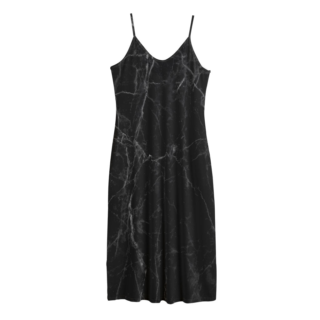 Black Grey Dark Marble Print Jersey Midi Cami Dress