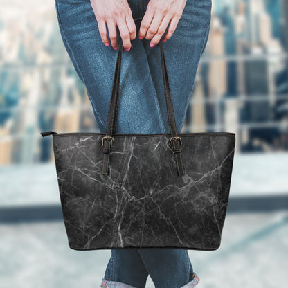 Black Grey Dark Marble Print Leather Tote Bag