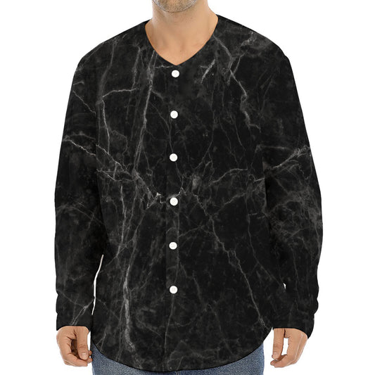 Black Grey Dark Marble Print Long Sleeve Baseball Jersey