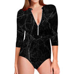 Black Grey Dark Marble Print Long Sleeve Swimsuit