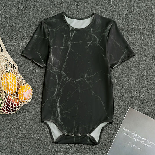 Black Grey Dark Marble Print Men's Bodysuit