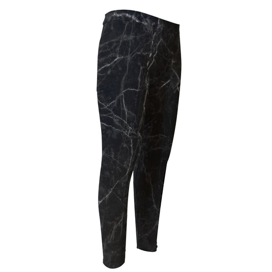 Black Grey Dark Marble Print Men's Compression Pants