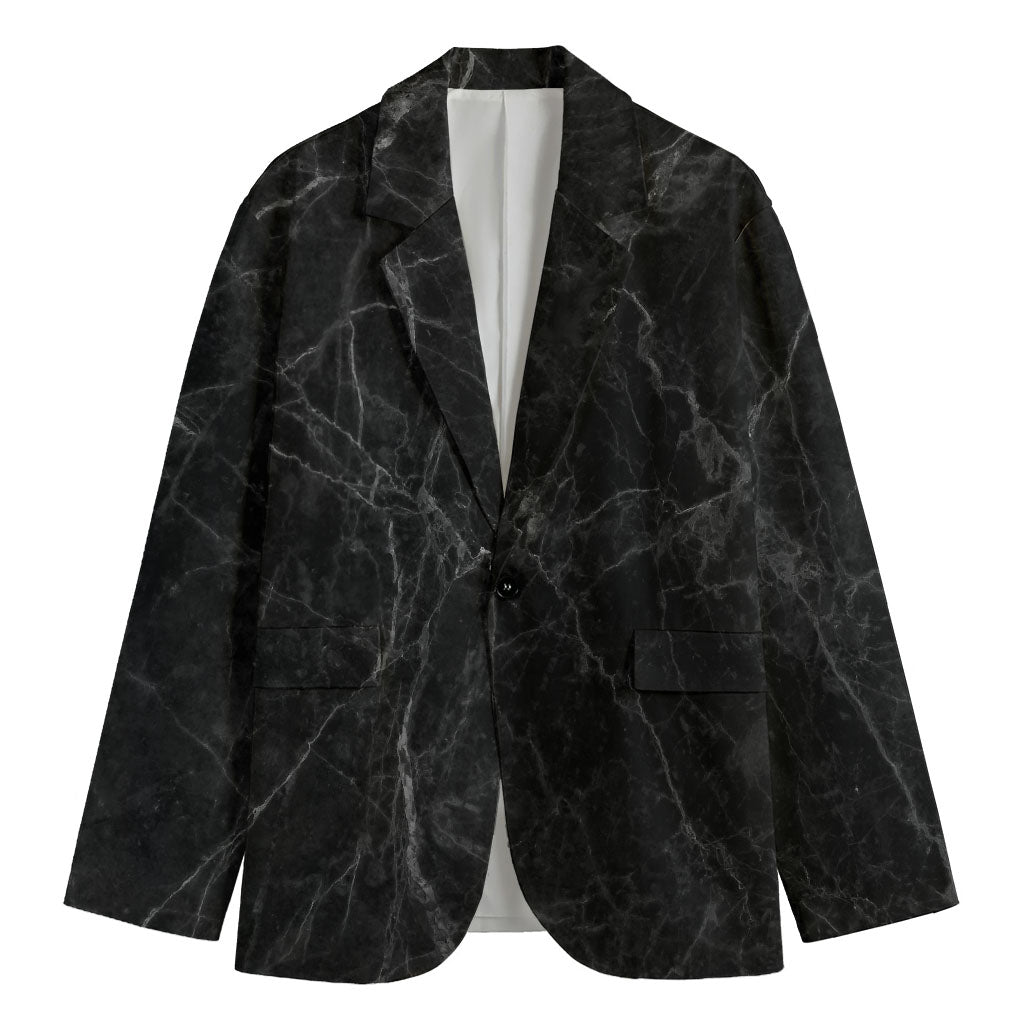 Black Grey Dark Marble Print Men's Cotton Blazer