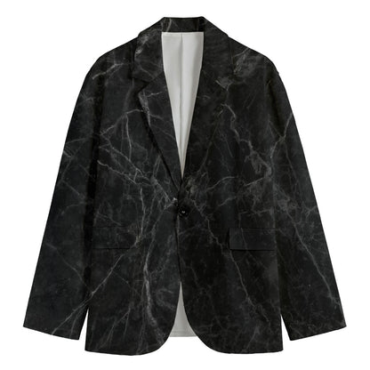Black Grey Dark Marble Print Men's Cotton Blazer