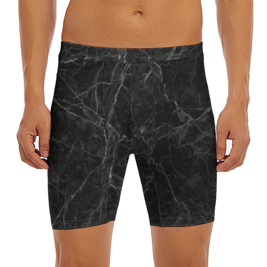 Black Grey Dark Marble Print Men's Long Boxer Briefs