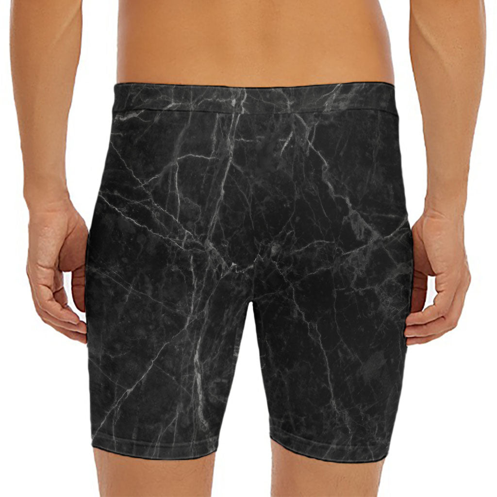 Black Grey Dark Marble Print Men's Long Boxer Briefs