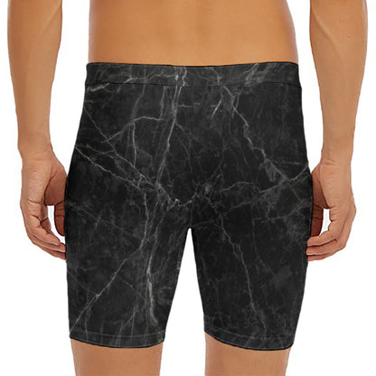 Black Grey Dark Marble Print Men's Long Boxer Briefs
