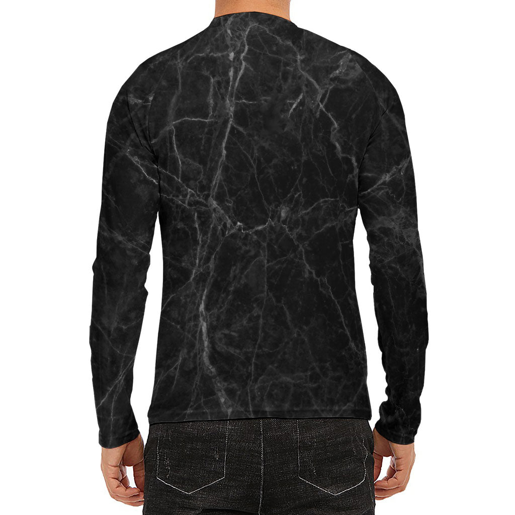 Black Grey Dark Marble Print Men's Long Sleeve Rash Guard