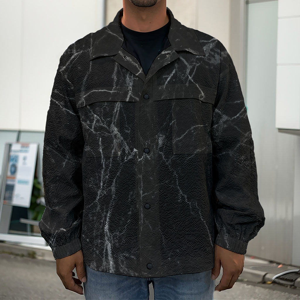 Black Grey Dark Marble Print Men's Shirt Jacket