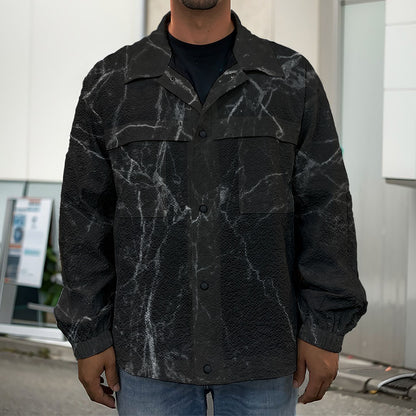 Black Grey Dark Marble Print Men's Shirt Jacket