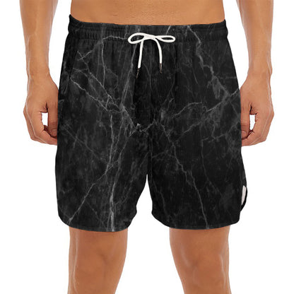 Black Grey Dark Marble Print Men's Split Running Shorts