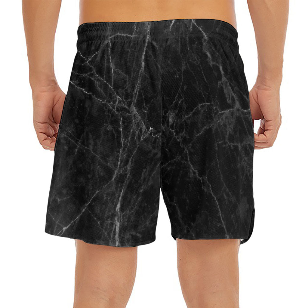 Black Grey Dark Marble Print Men's Split Running Shorts
