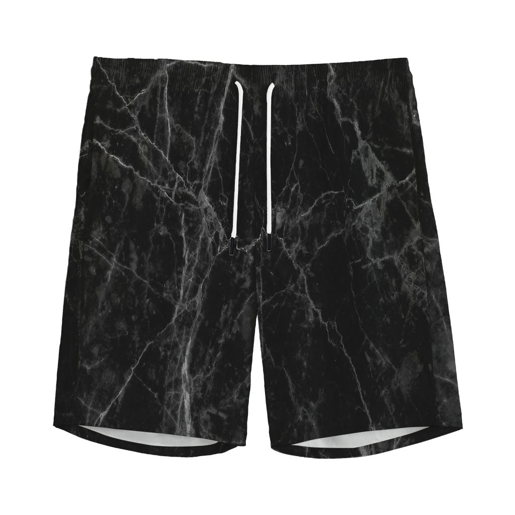 Black Grey Dark Marble Print Men's Sports Shorts
