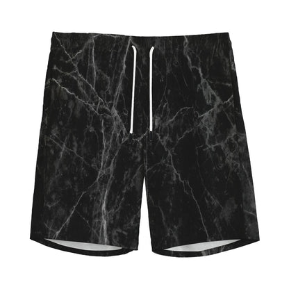 Black Grey Dark Marble Print Men's Sports Shorts