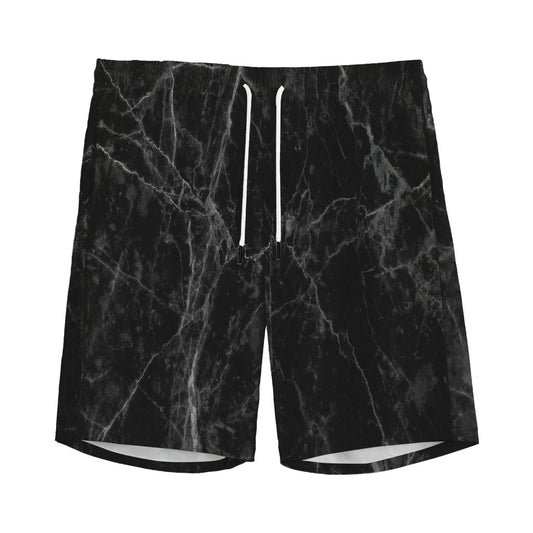 Black Grey Dark Marble Print Men's Sports Shorts