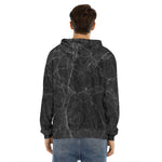 Black Grey Dark Marble Print Men's Velvet Pullover Hoodie