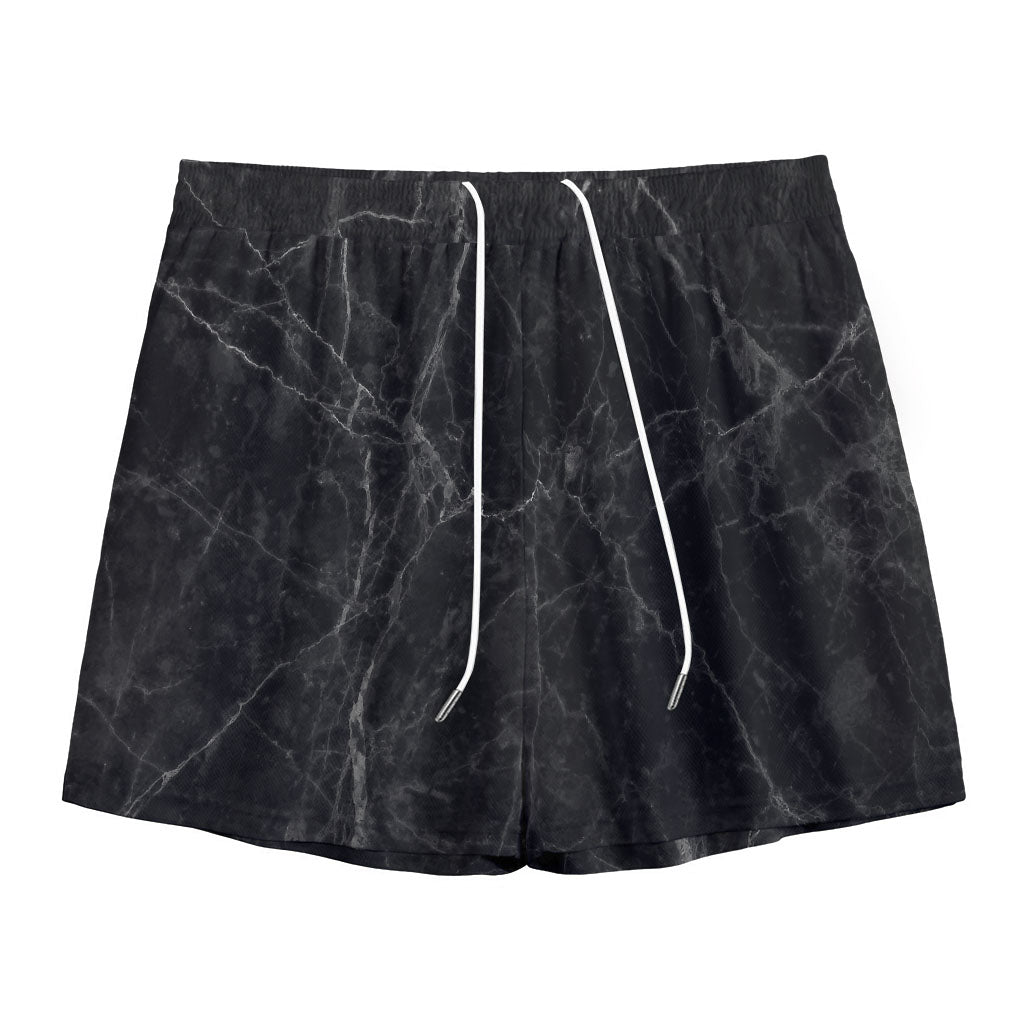 Black Grey Dark Marble Print Mesh Shorts