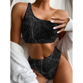 Black Grey Dark Marble Print One Shoulder Bikini Set