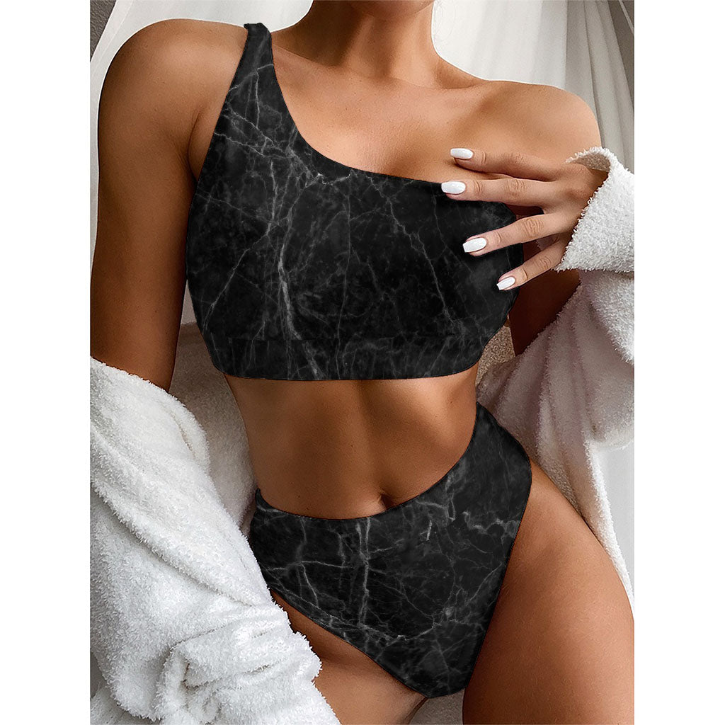 Black Grey Dark Marble Print One Shoulder Bikini Top