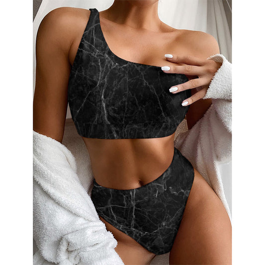Black Grey Dark Marble Print One Shoulder Bikini Top
