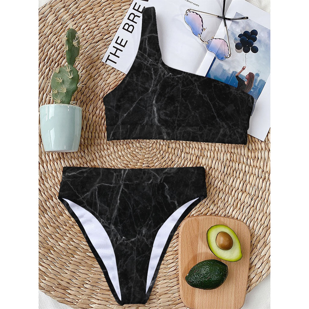 Black Grey Dark Marble Print One Shoulder Bikini Top
