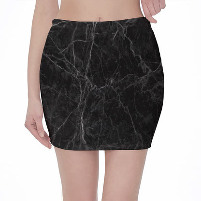 Black Grey Dark Marble Print Pencil Mini Skirt