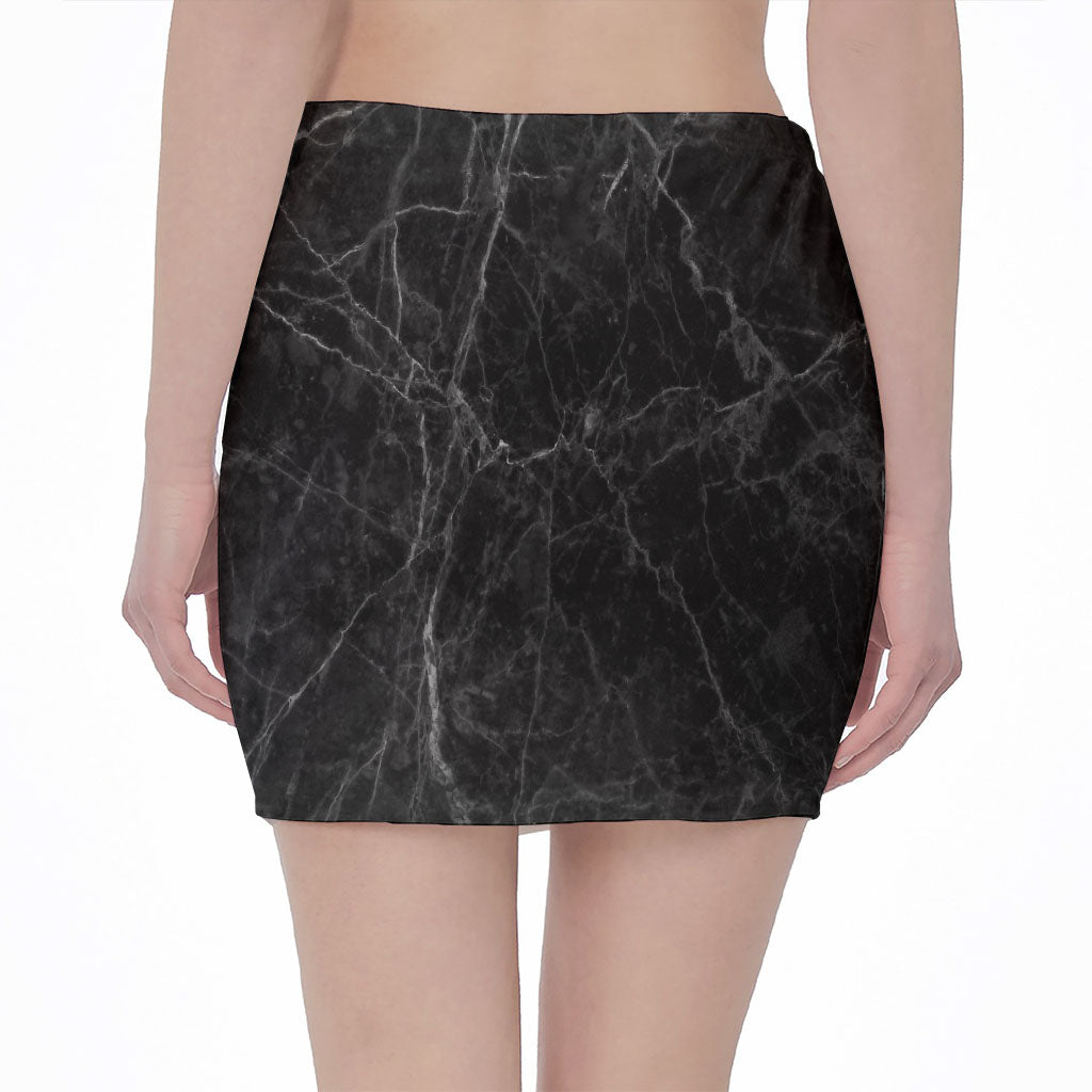Black Grey Dark Marble Print Pencil Mini Skirt