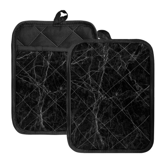 Black Grey Dark Marble Print Pot Holders With Pocket