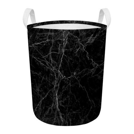 Black Grey Dark Marble Print Round Laundry Basket