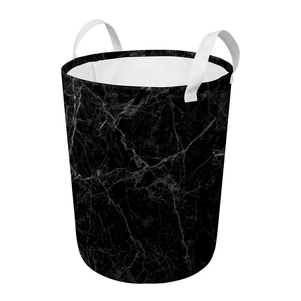 Black Grey Dark Marble Print Round Laundry Basket