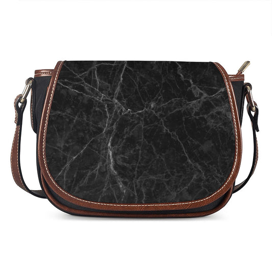 Black Grey Dark Marble Print Saddle Bag