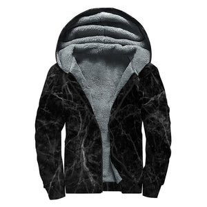 Black Grey Dark Marble Print Sherpa Lined Zip Up Hoodie