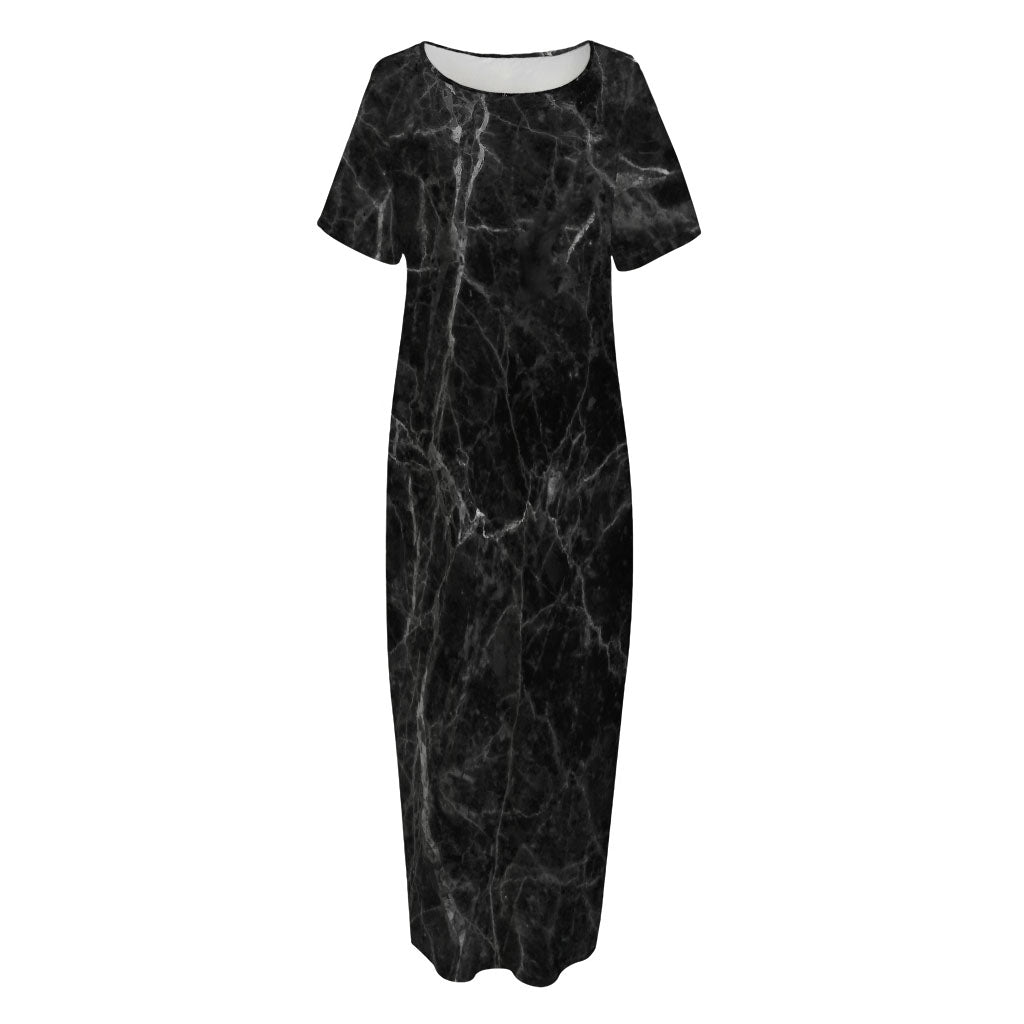 Black Grey Dark Marble Print Short Sleeve Long Nightdress