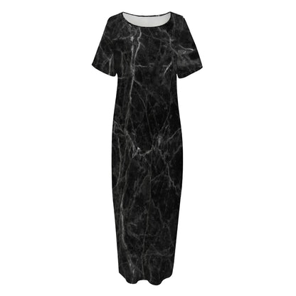 Black Grey Dark Marble Print Short Sleeve Long Nightdress