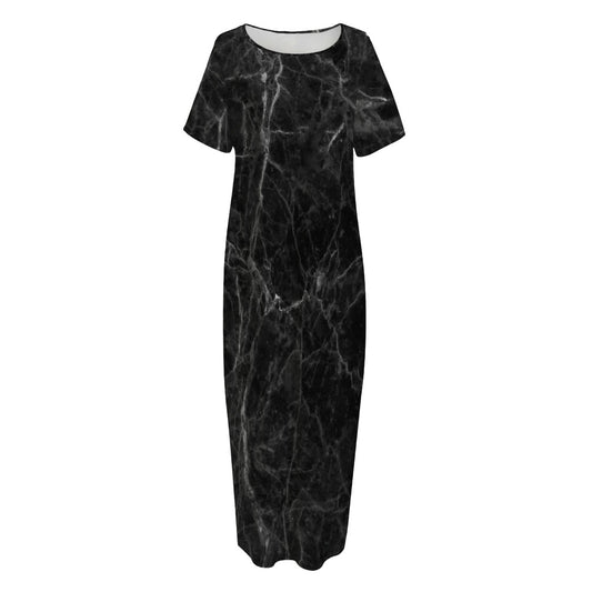 Black Grey Dark Marble Print Short Sleeve Long Nightdress