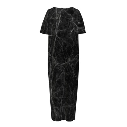 Black Grey Dark Marble Print Short Sleeve Long Nightdress
