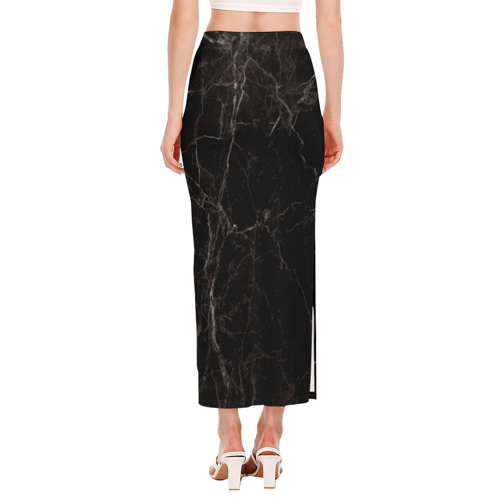 Black Grey Dark Marble Print Side Slit Maxi Skirt