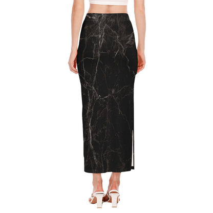 Black Grey Dark Marble Print Side Slit Maxi Skirt