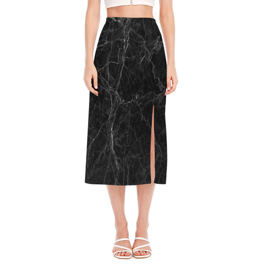 Black Grey Dark Marble Print Side Slit Midi Skirt