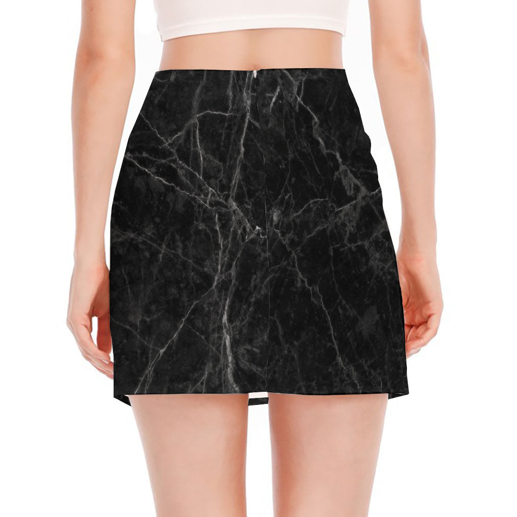 Black Grey Dark Marble Print Side Slit Mini Skirt