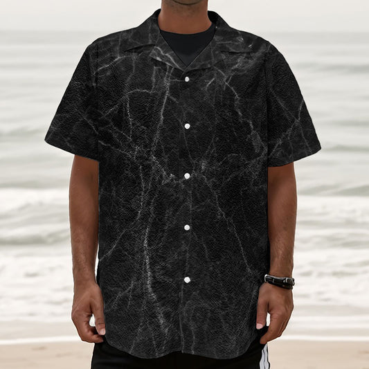 Black Grey Dark Marble Print Textured Short Sleeve Shirt