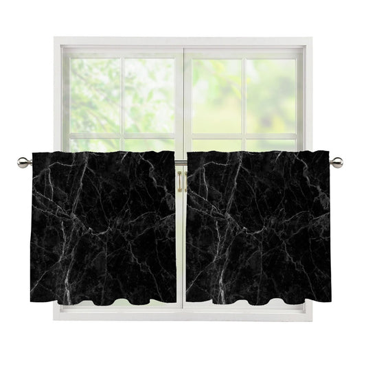 Black Grey Dark Marble Print Tier Curtains
