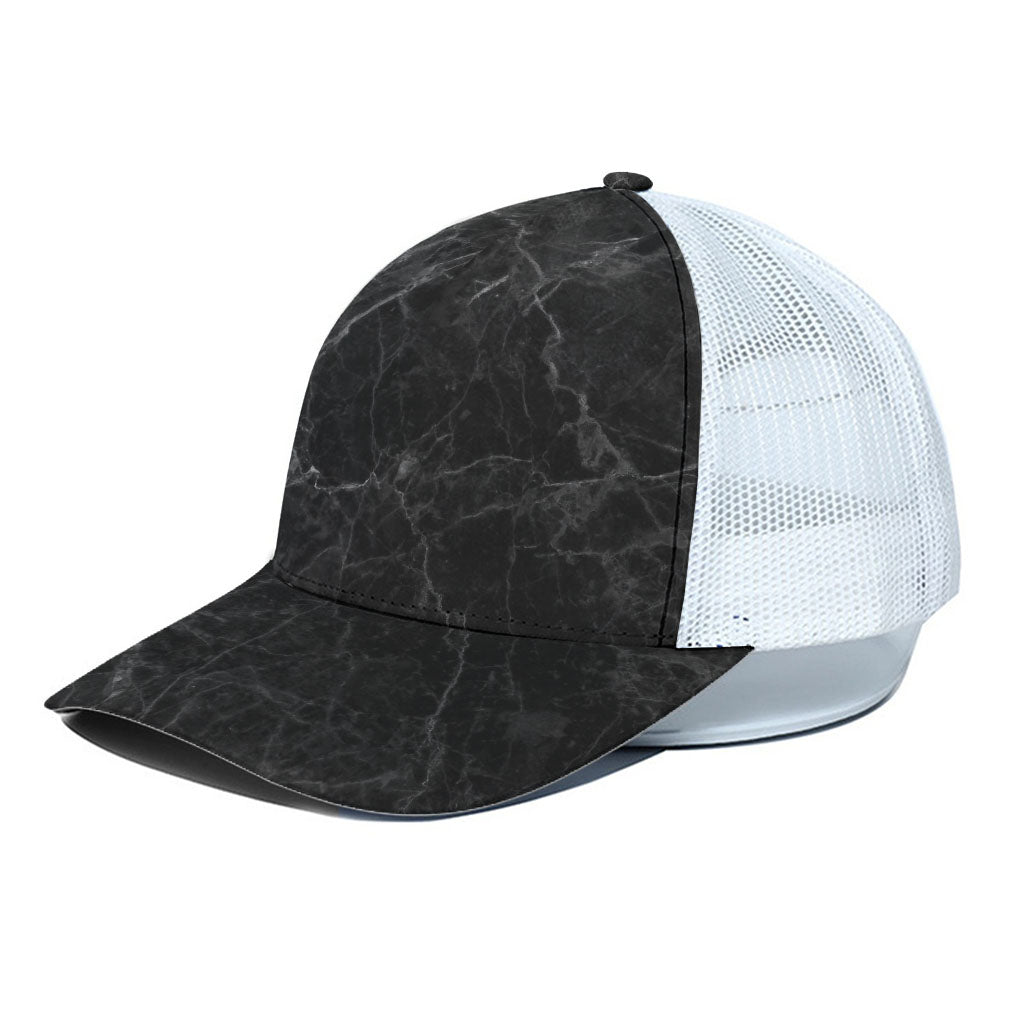 Black Grey Dark Marble Print White Mesh Trucker Cap