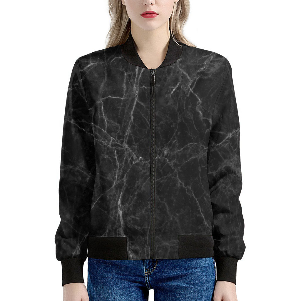 Black Grey Dark Marble Print Women's Bomber Jacket