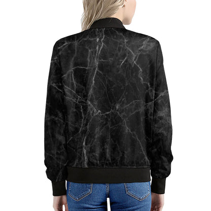 Black Grey Dark Marble Print Women's Bomber Jacket