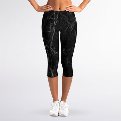 Black Grey Dark Marble Print Women's Capri Leggings