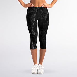 Black Grey Dark Marble Print Women's Capri Leggings